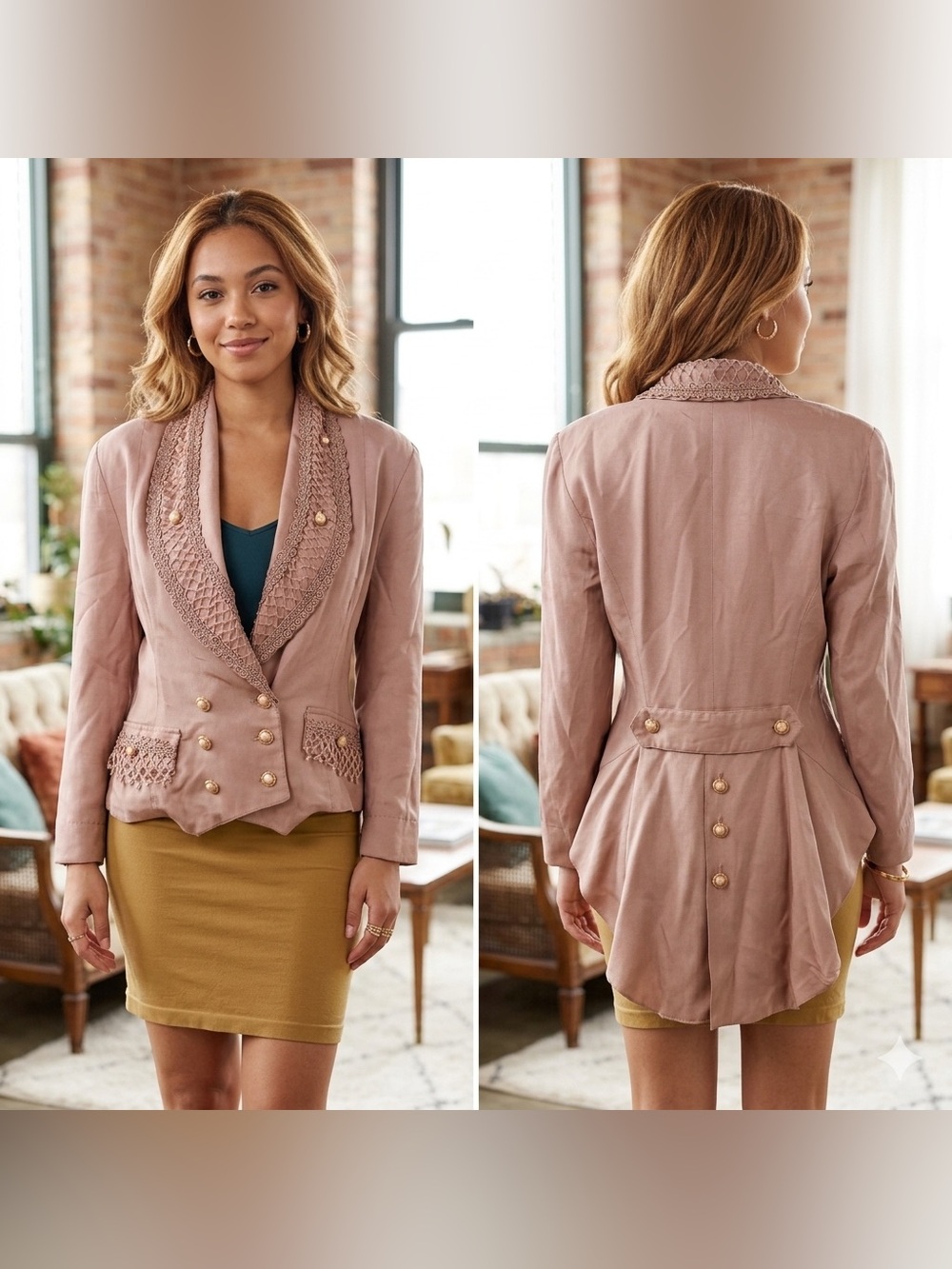 Vintage Women's L Pink Double Breasted Lace Tail Coat Blazer Jacket Cottagecore